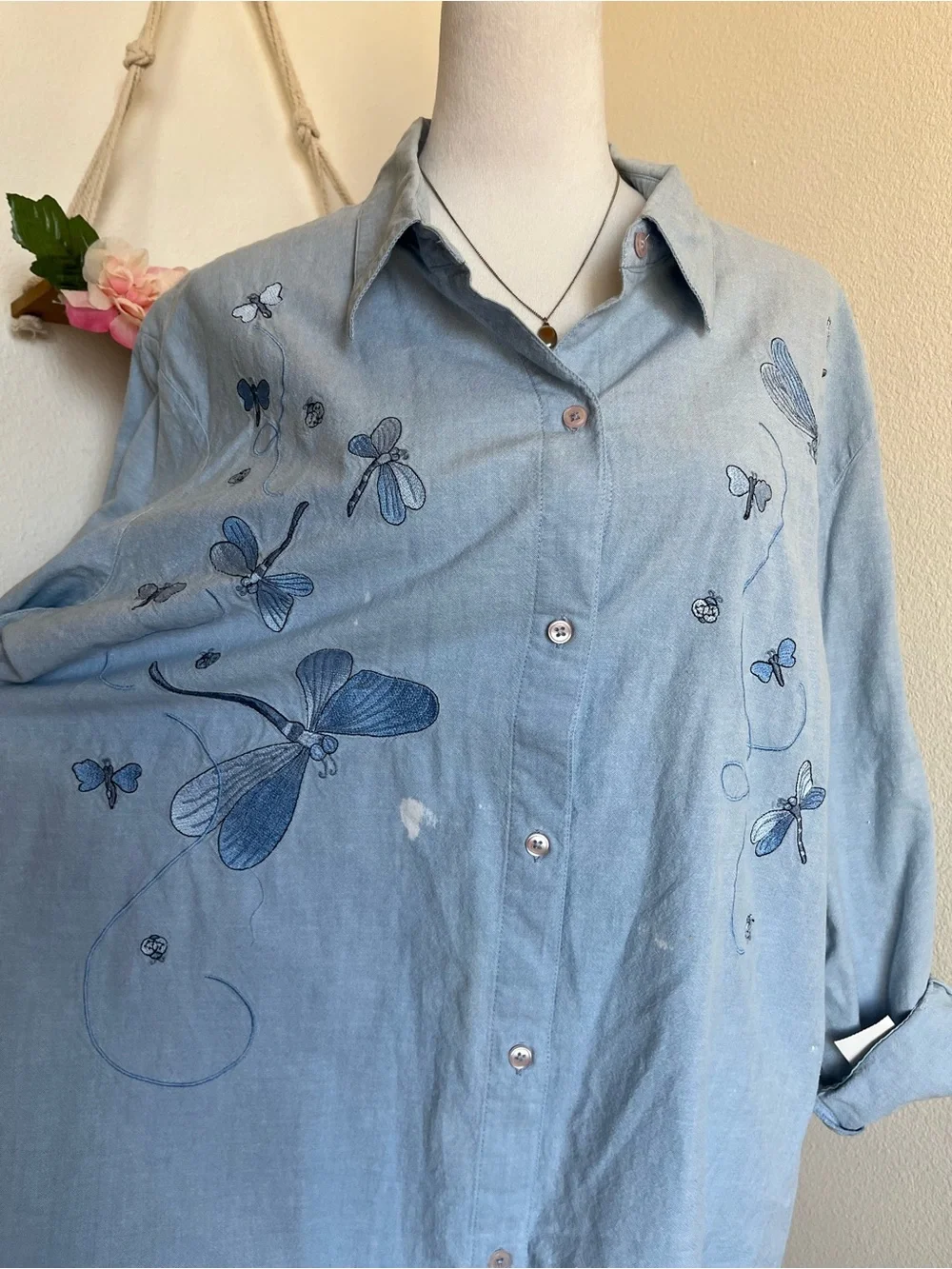 Vintage Cottagecore Dragonfly Embroidered Button-Down Shirt size